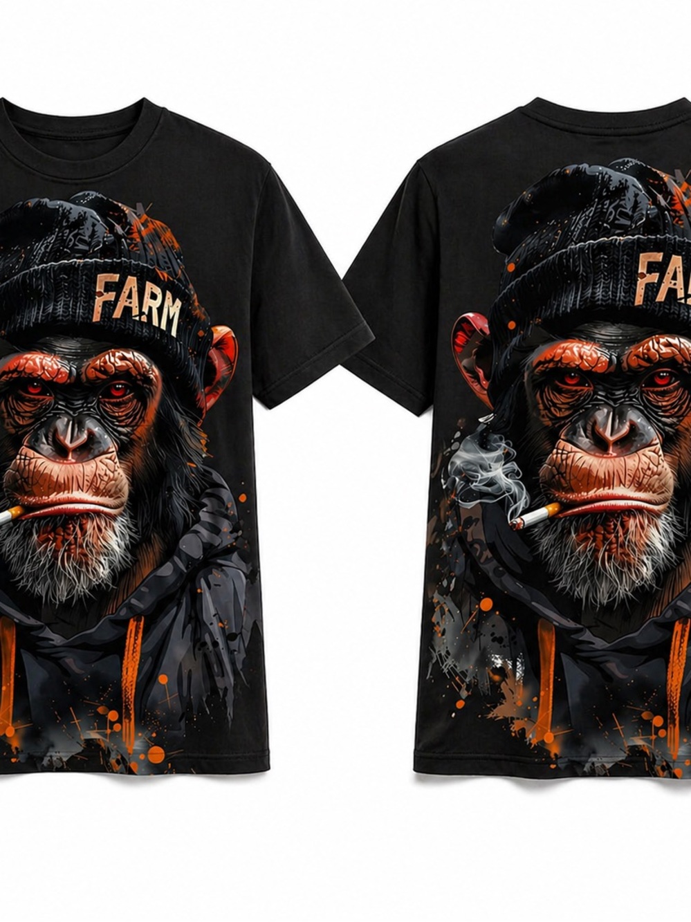 Black Short Sleeve Tee with Orange Accented Chimp Graphic
